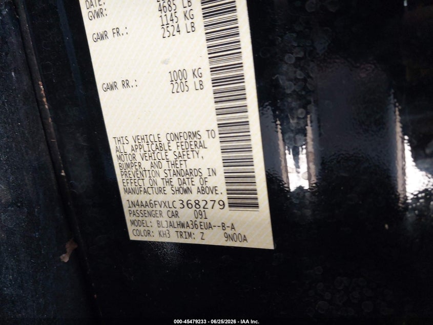 2020 Nissan Maxima VIN 1N4AA6FVXLC368279 IAAI salvage auction — WATER/FLOOD, Salvage Title, sold $9,825 on 2026-08-20 (photo 9)