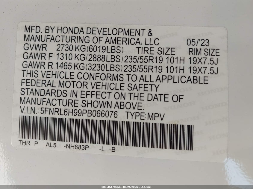 2023 Honda Odyssey VIN 5FNRL6H99PB066076 IAAI salvage auction — WATER/FLOOD, Salvage (Texas), sold $16,075 on 2026-09-03 (photo 9)