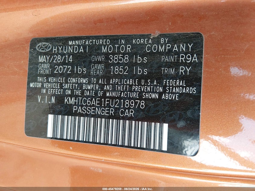2015 Hyundai Veloster VIN KMHTC6AE1FU218978 IAAI salvage auction — NORMAL WEAR, Clear-Dealer Only (Arizona), sold $725 on 2026-07-28 (photo 9)
