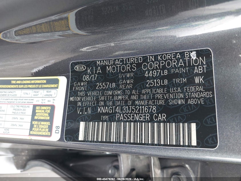 2018 Kia Optima VIN KNAGT4L31J5211678 IAAI salvage auction — FRONT END, Salvage Certificate (California), sold $675 on 2026-07-10 (photo 9)