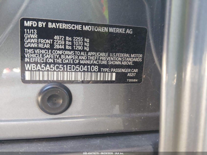 2014 BMW 5er VIN WBA5A5C51ED504108 IAAI salvage auction — NORMAL WEAR, Clear (Florida), sold $750 on 2026-07-14 (photo 9)