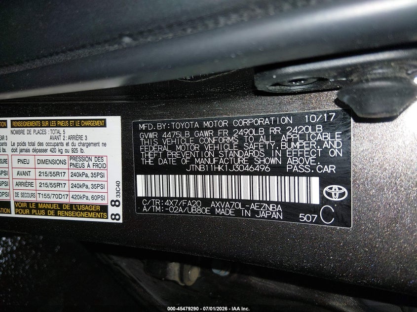 2018 Toyota Camry VIN JTNB11HK1J3046496 IAAI salvage auction — RIGHT FRONT, Salvage (Idaho), sold $4,050 on 2026-07-24 (photo 9)