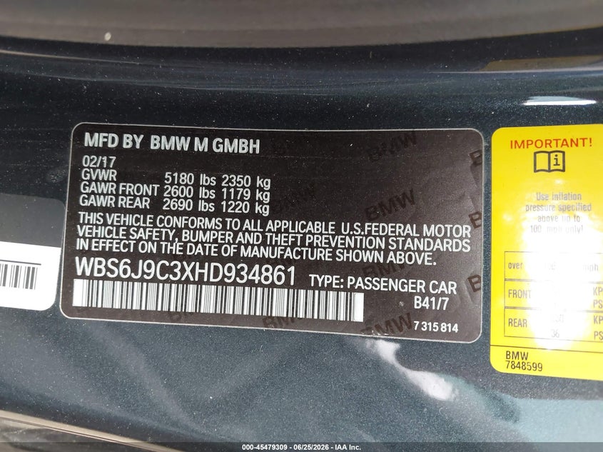 2017 BMW M6 VIN WBS6J9C3XHD934861 IAAI salvage auction — REAR END, Salvage (Ohio), sold $12,250 on 2026-07-09 (photo 9)