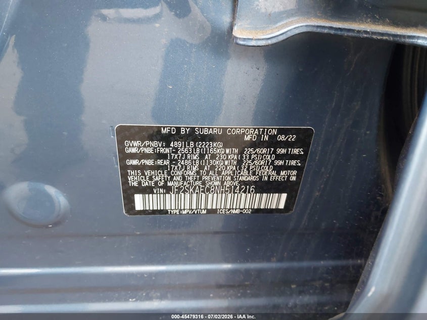 2022 Subaru Forester VIN JF2SKAEC8NH514216 IAAI salvage auction — RIGHT FRONT, Salvage Certificate (California), sold $3,750 on 2026-07-10 (photo 9)