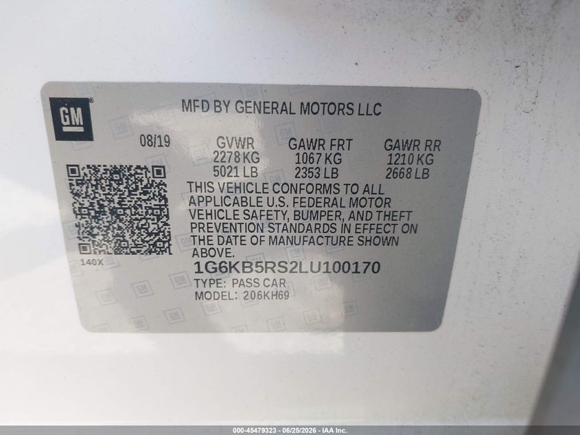 2020 Cadillac Ct6 VIN 1G6KB5RS2LU100170 IAAI salvage auction — FRONT END, Salvage Title, sold $7,300 on 2026-08-12 (photo 9)