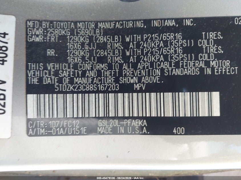 2008 Toyota Sienna VIN 5TDZK23C88S167203 IAAI salvage auction — NORMAL WEAR, Clear (Pennsylvania), sold $500 on 2026-07-22 (photo 9)