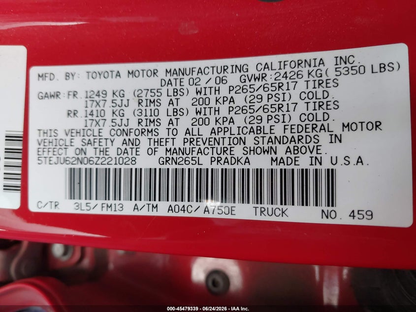 2006 Toyota Tacoma VIN 5TEJU62N06Z221028 IAAI salvage auction — FRONT END, Salvage (California), sold $1,950 on 2026-07-23 (photo 9)