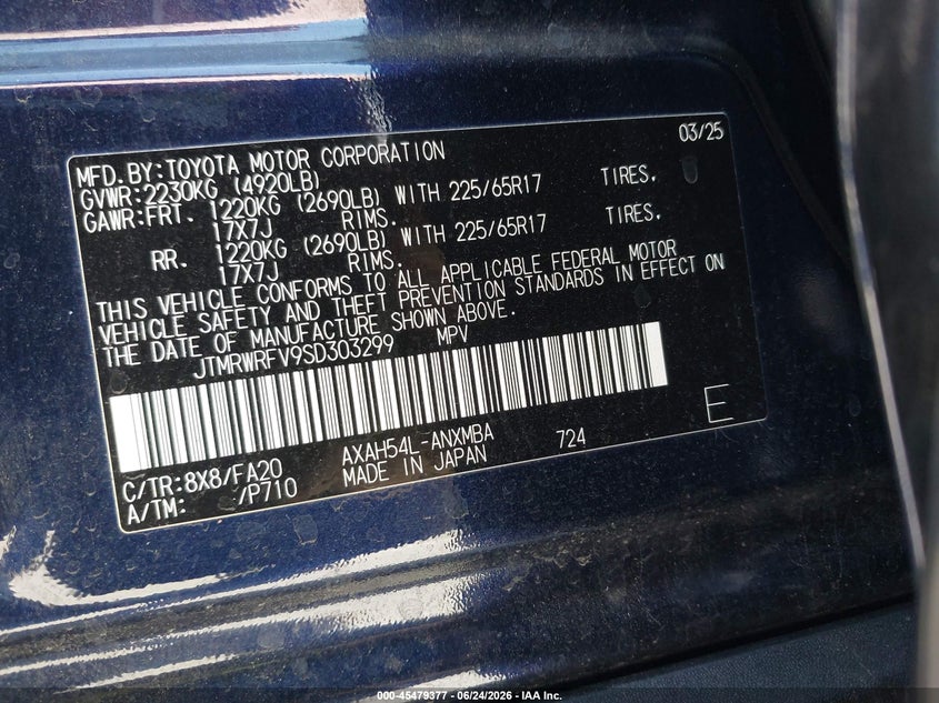 2025 Toyota VIN JTMRWRFV9SD303299 IAAI salvage auction — RIGHT SIDE, Salvage Title, sold $13,600 on 2026-07-29 (photo 9)