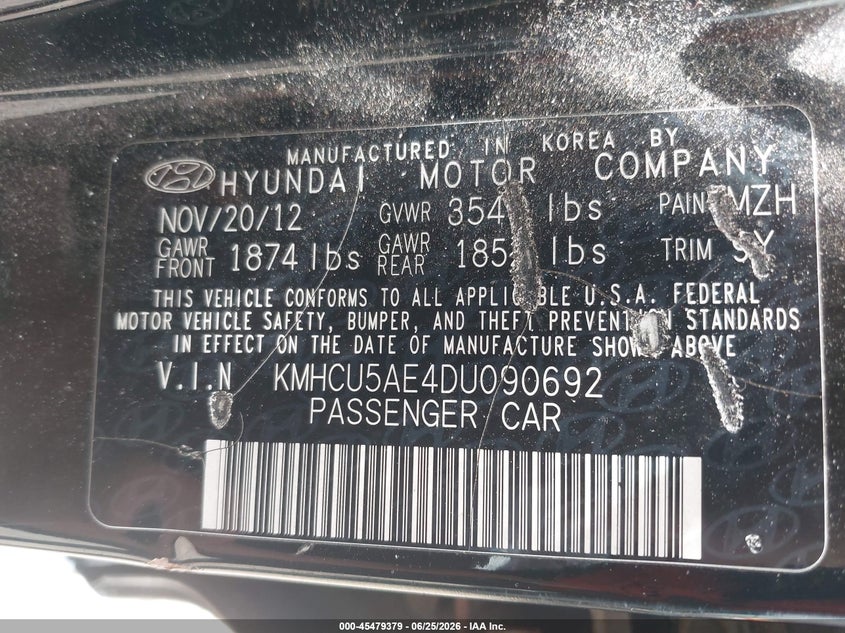 2013 Hyundai Accent VIN KMHCU5AE4DU090692 IAAI salvage auction — RIGHT SIDE, Clear (Massachusetts), sold $400 on 2026-07-17 (photo 9)