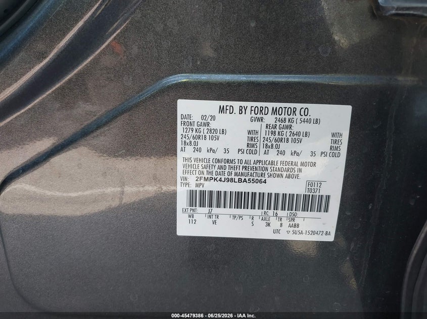 2020 Ford Edge VIN 2FMPK4J98LBA55064 IAAI salvage auction — NORMAL WEAR, Clear (Tennessee), sold $4,375 on 2026-07-28 (photo 9)