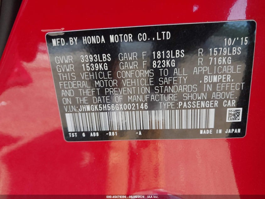 2016 Honda Fit VIN JHMGK5H56GX002146 IAAI salvage auction — FRONT END, Salvage Title, sold $1,150 on 2026-07-28 (photo 9)