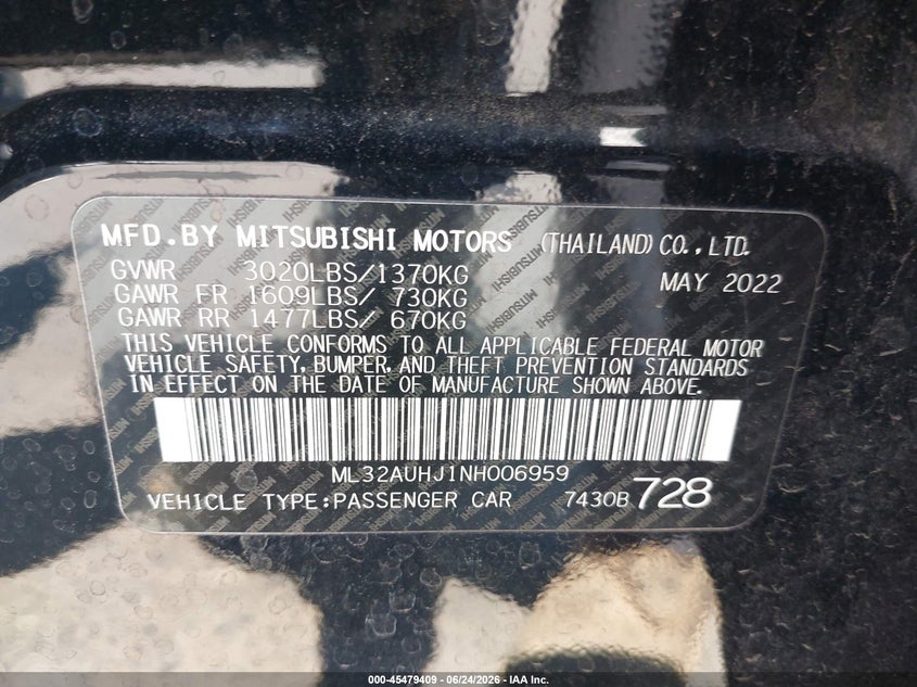 2022 Mitsubishi Mirage VIN ML32AUHJ1NH006959 IAAI salvage auction — FRONT END, Salvage (California), sold $1,500 on 2026-08-02 (photo 9)
