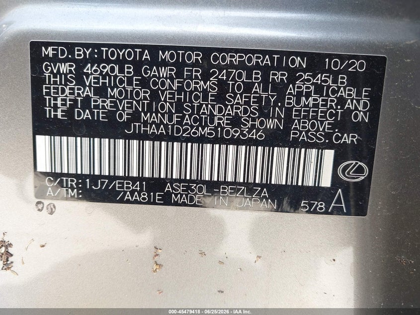 2021 Lexus Is VIN JTHAA1D26M5109346 IAAI salvage auction — WATER/FLOOD, Salvage (Texas), sold $11,100 on 2026-07-16 (photo 9)