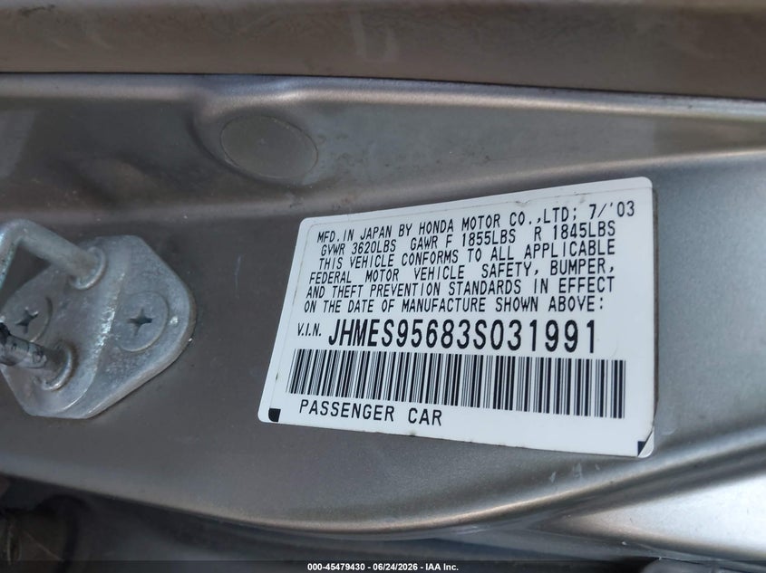 2003 Honda Civic VIN JHMES95683S031991 IAAI salvage auction — LEFT FRONT, Salvage (California), sold $225 on 2026-08-03 (photo 9)