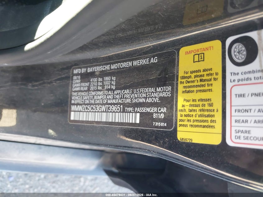 2016 Mini Countryman VIN WMWZC5C53GWT39651 IAAI salvage auction — NORMAL WEAR, Clear (Wyoming), sold $650 on 2026-07-28 (photo 9)