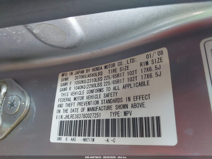 2008 Honda Cr-v VIN JHLRE38378C027251 IAAI salvage auction — LEFT FRONT, Salvage (Arizona), sold $250 on 2026-07-28 (photo 9)