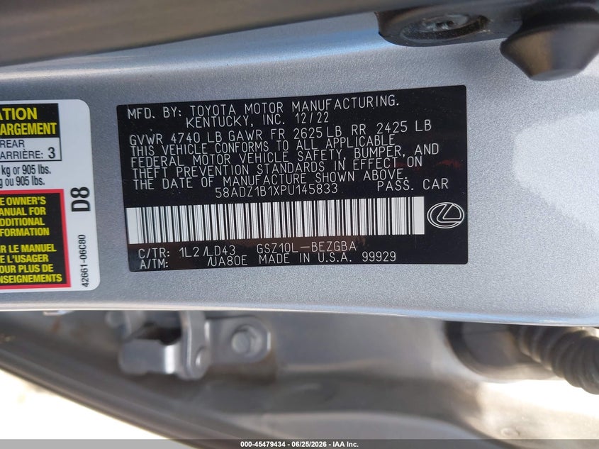 2023 Lexus ES VIN 58ADZ1B1XPU145833 IAAI salvage auction — WATER/FLOOD, Salvage (Texas), sold $21,750 on 2026-07-30 (photo 9)
