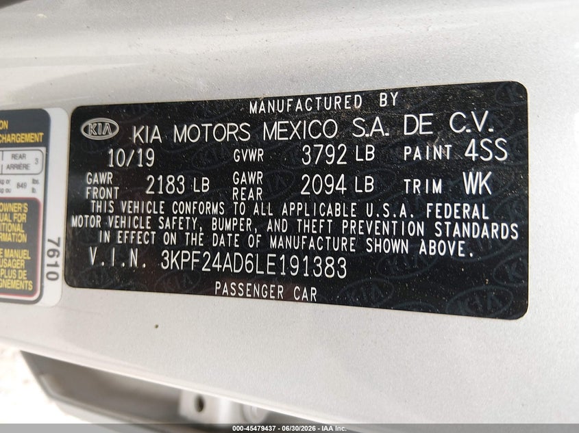 2020 Kia Forte VIN 3KPF24AD6LE191383 IAAI salvage auction — FRONT END, Salvage (Missouri), sold $2,100 on 2026-07-25 (photo 9)