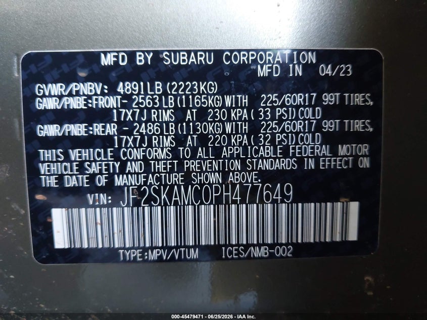 2023 Subaru Forester VIN JF2SKAMC0PH477649 IAAI salvage auction — FRONT END, Salvage Title, sold $2,250 on 2026-07-28 (photo 9)