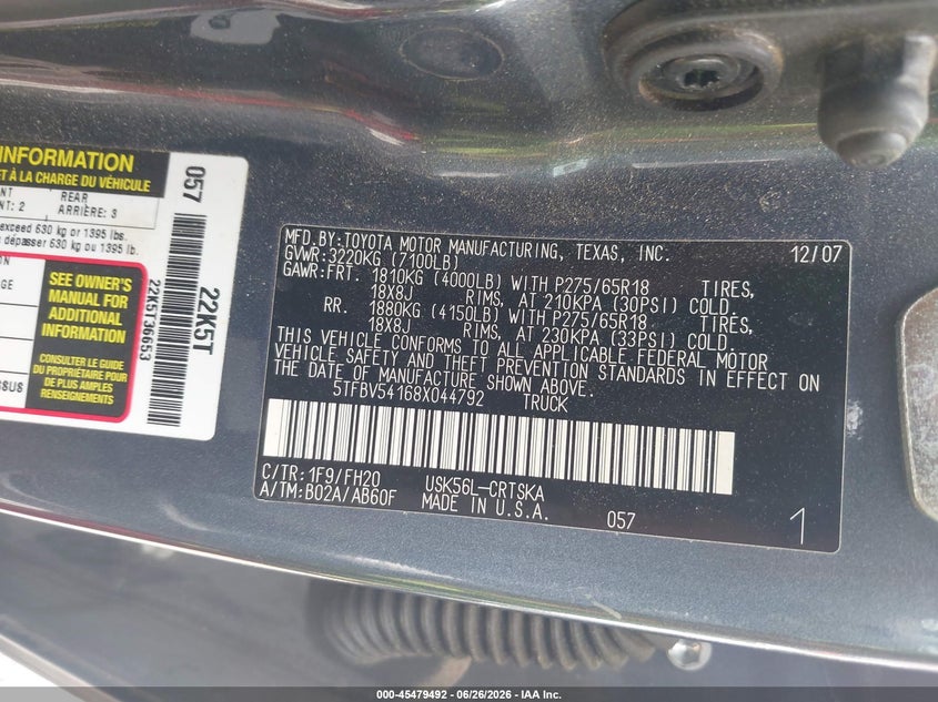 2008 Toyota Tundra VIN 5TFBV54168X044792 IAAI salvage auction — SIDE, Salvage (Georgia), sold $4,500 on 2026-07-31 (photo 9)