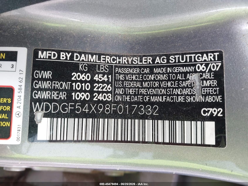 2008 Mercedes-benz C-klasse VIN WDDGF54X98F017332 IAAI salvage auction — NORMAL WEAR, Clear (New Mexico), sold $3,900 on 2026-07-06 (photo 9)
