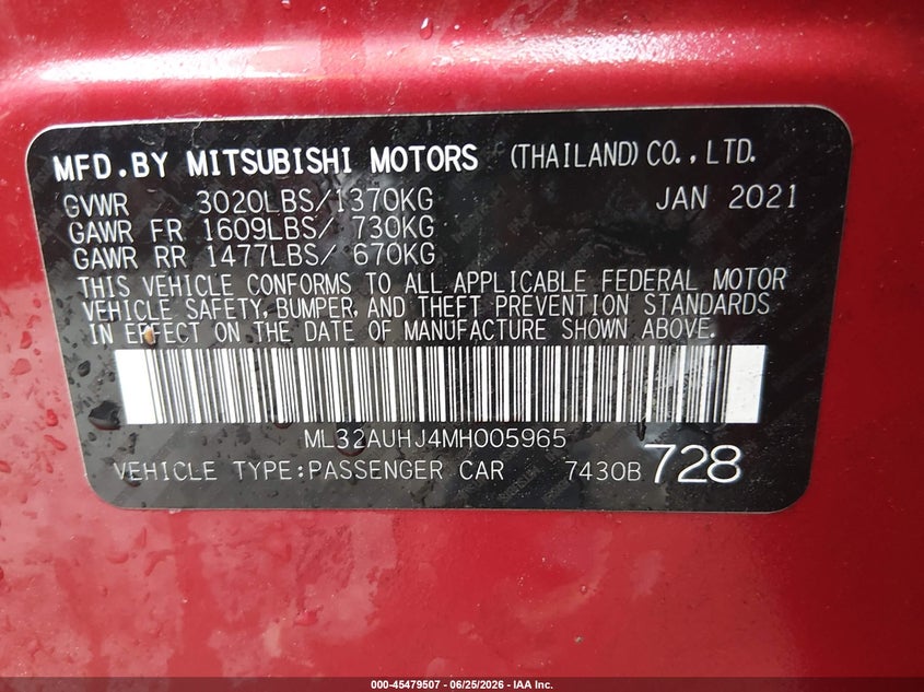 2021 Mitsubishi Mirage VIN ML32AUHJ4MH005965 IAAI salvage auction — RIGHT SIDE, Original (Texas), sold $1,700 on 2026-08-23 (photo 9)