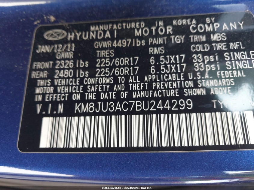 2011 Hyundai Tucson VIN KM8JU3AC7BU244299 IAAI salvage auction — FRONT END, Rebuildable (Florida), sold $500 on 2026-07-21 (photo 9)