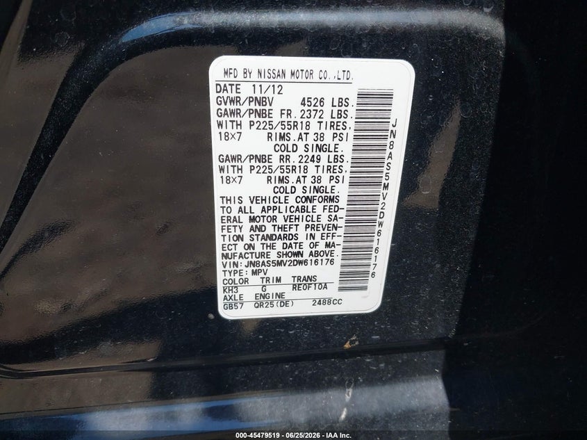 2013 Nissan Rogue VIN JN8AS5MV2DW616176 IAAI salvage auction — FRONT END, Salvage (Tennessee), sold $700 on 2026-07-15 (photo 9)