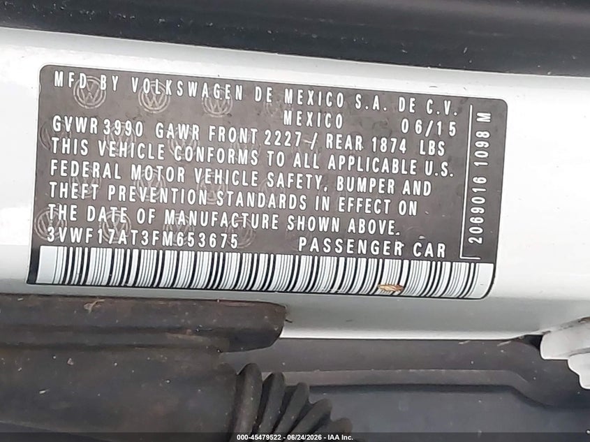 2015 Volkswagen Beetle VIN 3VWF17AT3FM653675 IAAI salvage auction — NORMAL WEAR, Salvage (Florida), sold $3,150 on 2026-07-09 (photo 9)