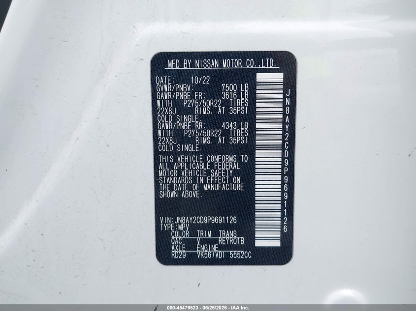 2023 Nissan Armada VIN JN8AY2CD9P9691126 IAAI salvage auction — LEFT FRONT, Mv-907A (New York), sold $16,700 on 2026-07-22 (photo 9)