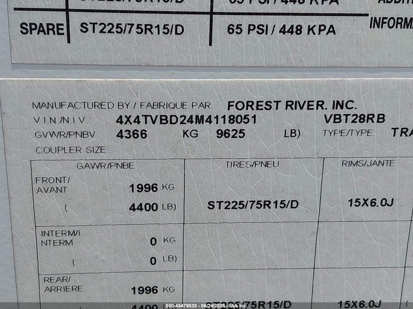2021 Forest river Other VIN 4X4TVBD24M4118051 IAAI salvage auction — NORMAL WEAR, Clear (New York), sold $6,550 on 2026-07-08 (photo 9)