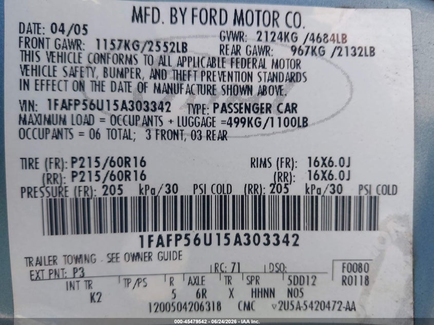 2005 Ford Taurus VIN 1FAFP56U15A303342 IAAI salvage auction — NORMAL WEAR, Clear - Dealer Only (California), sold $225 on 2026-07-09 (photo 9)