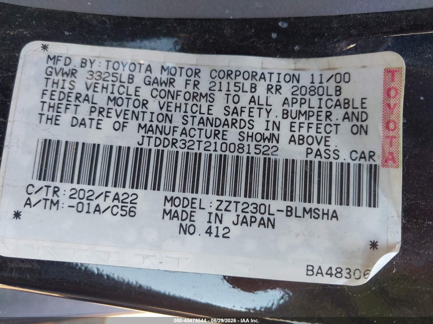 2001 Toyota Celica VIN JTDDR32T210081522 IAAI salvage auction — NORMAL WEAR, Clear (Massachusetts), sold $575 on 2026-07-10 (photo 9)