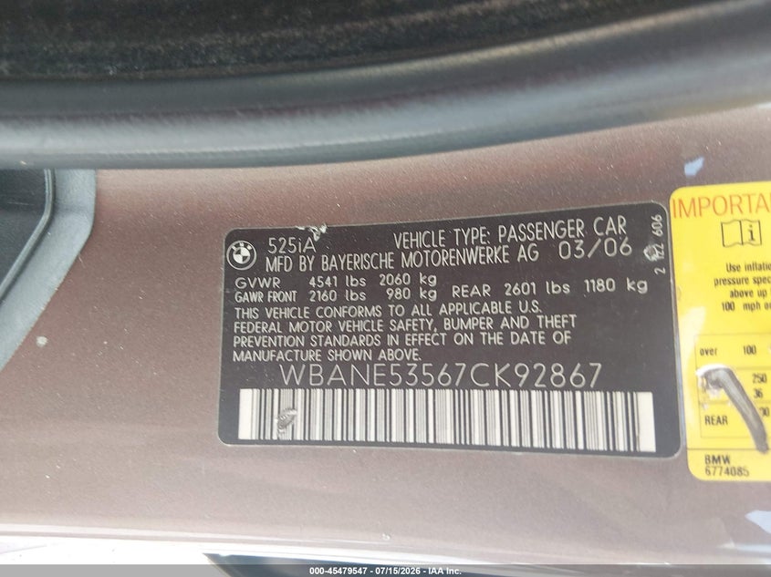 2007 BMW 5er VIN WBANE53567CK92867 IAAI salvage auction — NORMAL WEAR, Clear (Alabama), sold $225 on 2026-07-30 (photo 9)