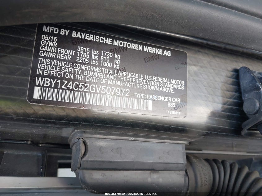 2016 BMW I3 VIN WBY1Z4C52GV507972 IAAI salvage auction — NORMAL WEAR, Clear - Dealer Only (California), sold $3,250 on 2026-07-13 (photo 9)