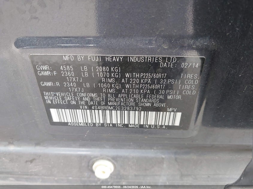 2014 Subaru Outback VIN 4S4BRBMC2E3283792 IAAI salvage auction — LEFT FRONT, Salvage (California), sold $800 on 2026-07-10 (photo 9)