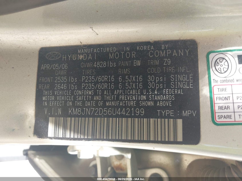 2006 Hyundai Tucson VIN KM8JN72D56U442199 IAAI salvage auction — FRONT END, Salvage (Pennsylvania), sold $625 on 2026-07-16 (photo 9)