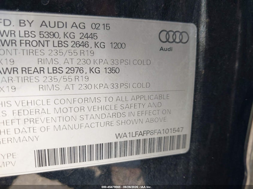 2015 Audi Q5 VIN WA1LFAFP8FA101547 IAAI salvage auction — NORMAL WEAR, Clear (California), sold $3,350 on 2026-07-16 (photo 9)