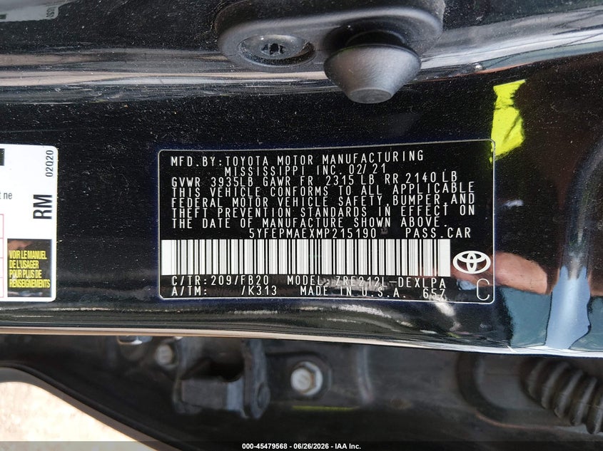 2021 Toyota Corolla VIN 5YFEPMAEXMP215190 IAAI salvage auction — FRONT END, Salvage (Louisiana), sold $2,550 on 2026-07-29 (photo 9)