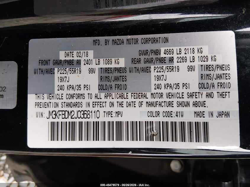 2018 Mazda Cx-5 VIN JM3KFBDM2J0368110 IAAI salvage auction — RIGHT FRONT, Bill Of Sale (Washington), sold $2,550 on 2026-07-22 (photo 9)