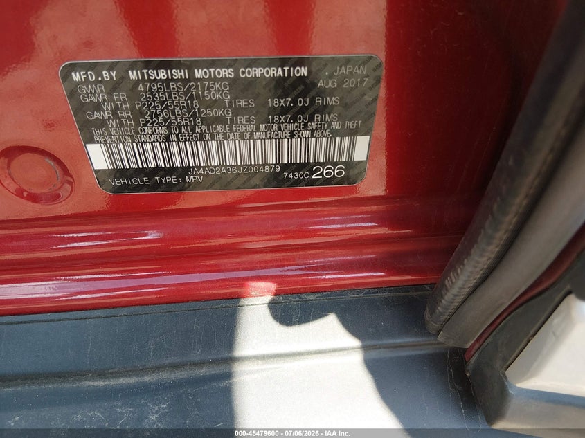 2018 Mitsubishi Outlander VIN JA4AD2A36JZ004879 IAAI salvage auction — LEFT REAR, Clear (Kansas), sold $1,500 on 2026-07-10 (photo 9)