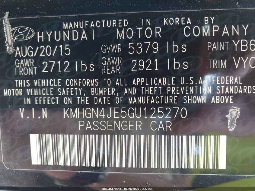 2016 Hyundai Genesis VIN KMHGN4JE5GU125270 IAAI salvage auction — NORMAL WEAR, Clear (North Carolina), sold $1,450 on 2026-07-08 (photo 9)