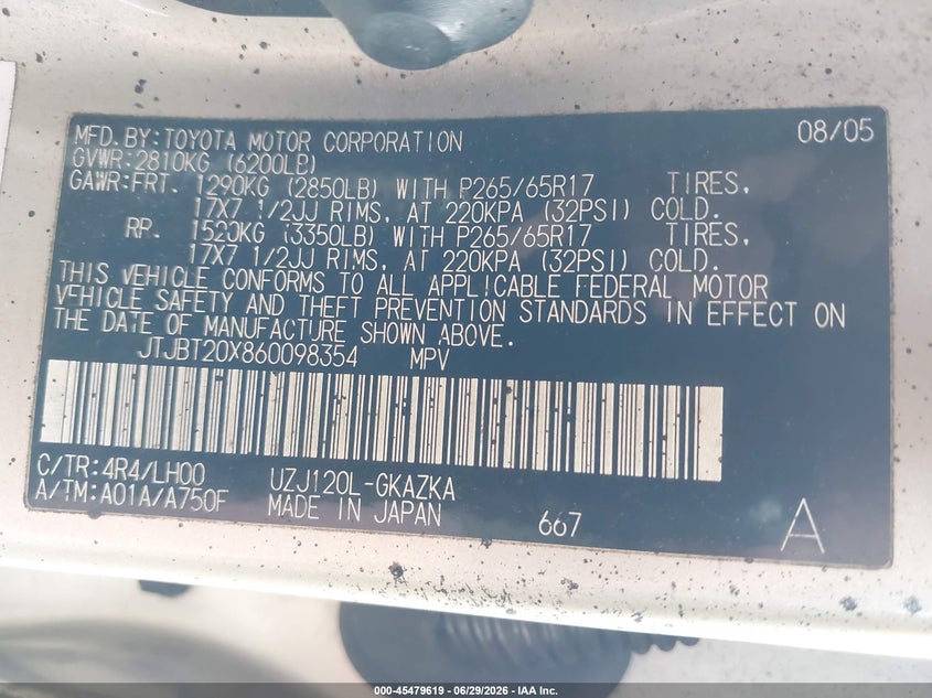 2006 Lexus Gx 470 VIN JTJBT20X860098354 IAAI salvage auction — RIGHT FRONT, Salvage (Mississippi), sold $3,750 on 2026-07-31 (photo 9)