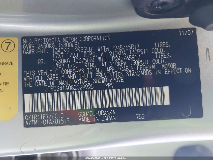 2008 Toyota Highlander VIN JTEDS41A082029925 IAAI salvage auction — FRONT & REAR, Salvage (California), sold $2,775 on 2026-07-15 (photo 9)