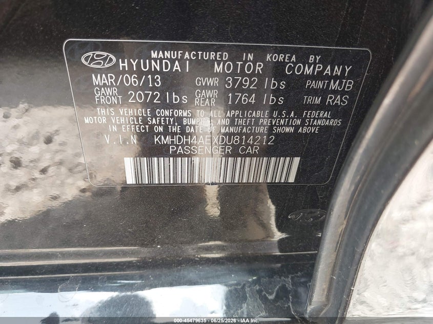 2013 Hyundai Elantra VIN KMHDH4AEXDU814212 IAAI salvage auction — NORMAL WEAR, Original (Texas), sold $375 on 2026-07-21 (photo 9)