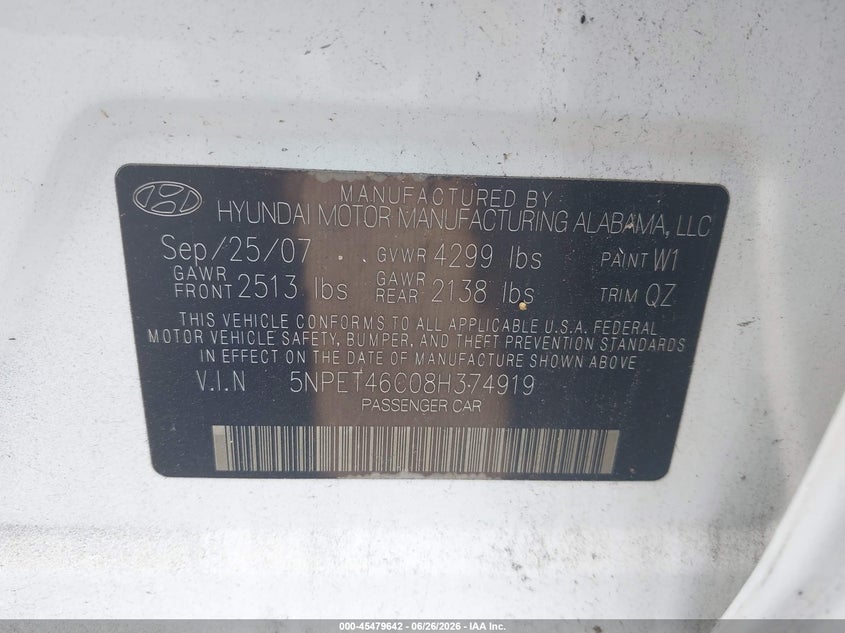 2008 Hyundai Sonata VIN 5NPET46C08H374919 IAAI salvage auction — NORMAL WEAR, Clear (Florida), sold $500 on 2026-07-06 (photo 9)