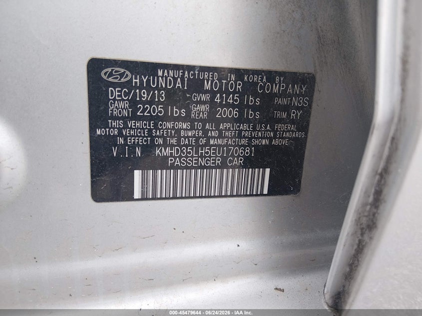 2014 Hyundai Elantra VIN KMHD35LH5EU170681 IAAI salvage auction — REPOSSESSION, Certificate Of Title (Nebraska), sold $500 on 2026-07-09 (photo 9)