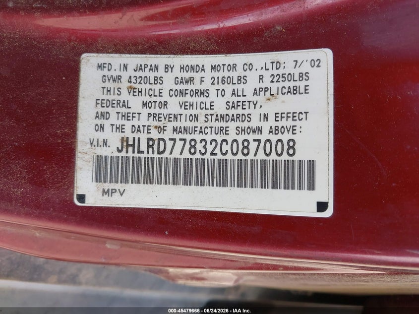 2002 Honda Cr-v VIN JHLRD77832C087008 IAAI salvage auction — FRONT END, Clear (New Mexico), sold $900 on 2026-07-13 (photo 9)