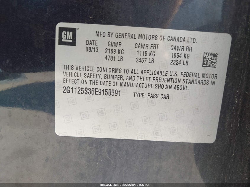 2014 Chevrolet Impala VIN 2G1125S36E9150591 IAAI salvage auction — REAR END, Salvage (Ohio), sold $1,250 on 2026-08-01 (photo 9)
