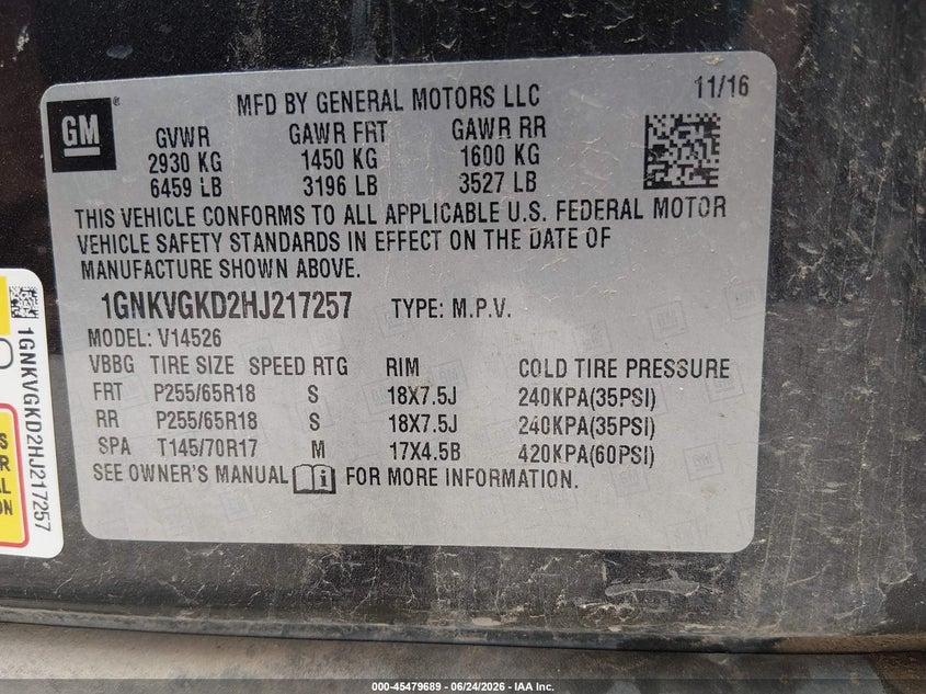 2017 Chevrolet Traverse VIN 1GNKVGKD2HJ217257 IAAI salvage auction — NORMAL WEAR, Clear (California), sold $550 on 2026-07-09 (photo 9)